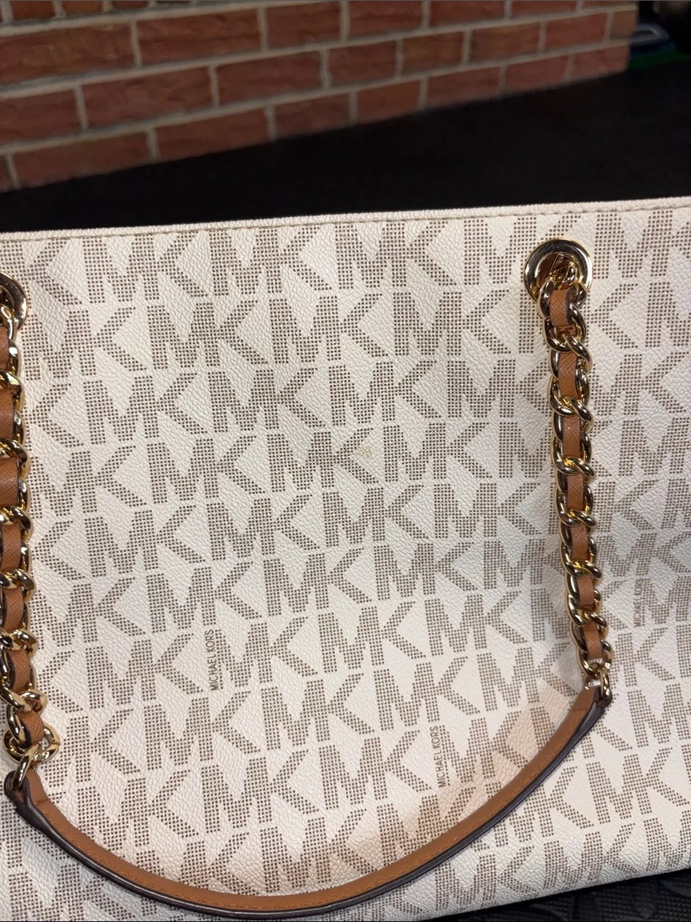 Michael Kors White and Brown MK Logo Chain-Handle Tote